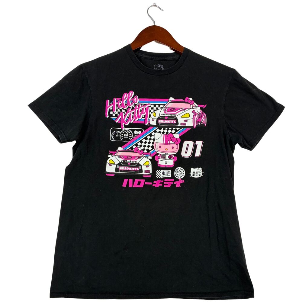 Hello Kitty Racing Car Graphic T Shirt Black Sanrio Japan Womens Size M
